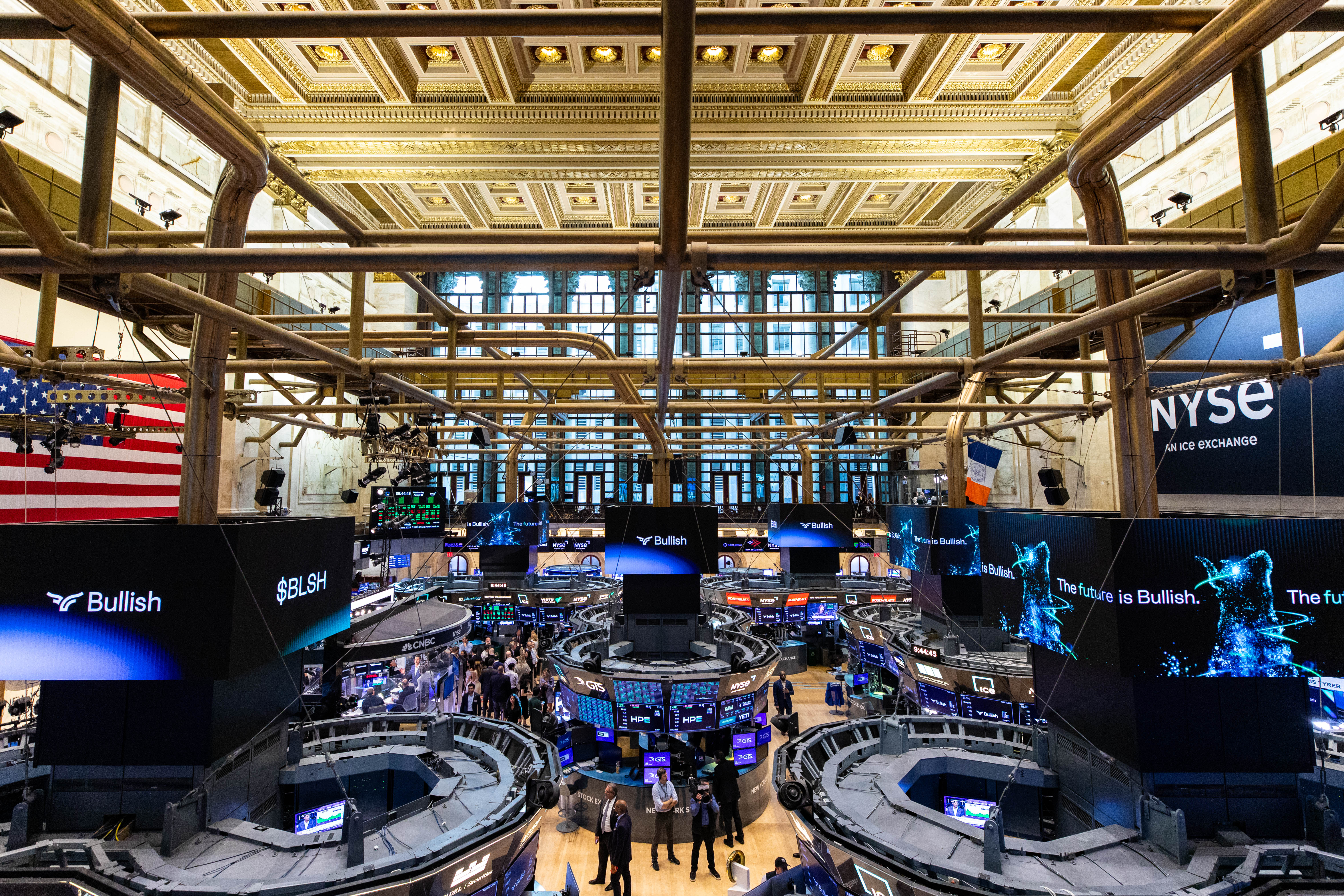 NYSE trading floor decorated with Bullish branding